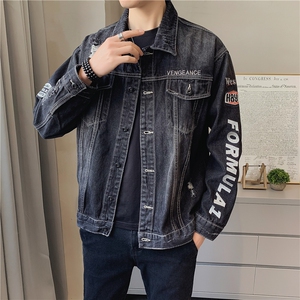jk818-p80 M-5XL砖墙ins牛仔夹克拉链破洞大码男日系CITYBOY图片