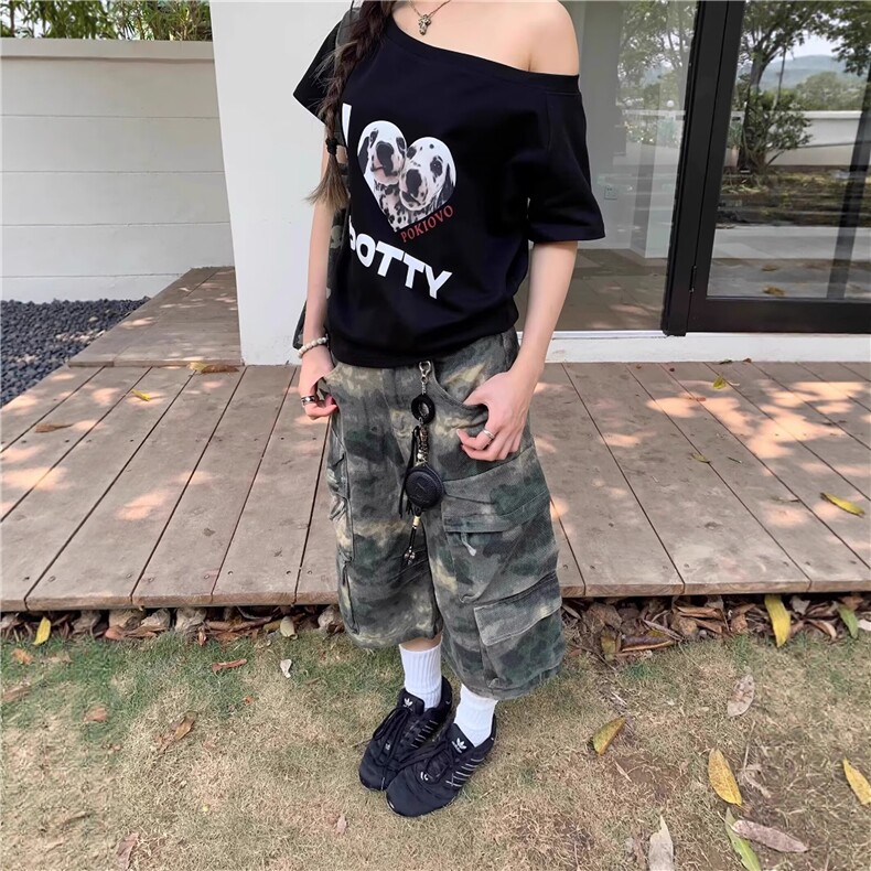 美式复古晕染迷彩重工宽松多口袋牛仔裤女男直筒工装炮弹裤七分裤,男装牛仔裤,星座506A