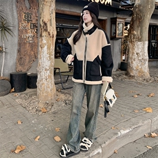 黑色炸街羊羔毛机车服外套女秋冬皮毛一体时尚洋气美拉德毛绒棉服，女装短外套，2C129