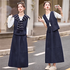 现货时尚配条纹披肩套装女气质收身显瘦马甲+T+半身裙三件套，女装套装/套裙，英标秀（1C119）
