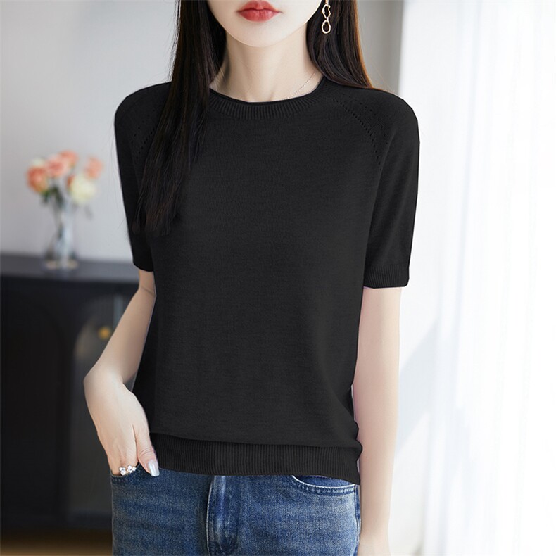 2025夏新款圆领短袖针织衫女宽松显瘦纯色薄t恤小衫简约百搭上衣，女装T恤，暖烁特种纱工厂店