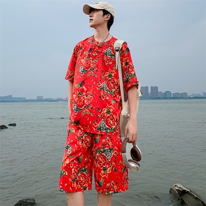 TZZ风盘扣T恤裤子大码团队服东北大花套装男女表演出新中式服图片