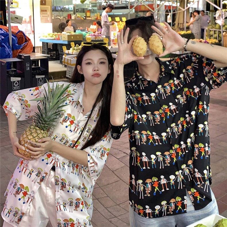 EQ411夏威夷风可爱卡通夏季旅游度假沙滩情侣装衬衫男女短袖潮流,男装衬衫,电商C306-1