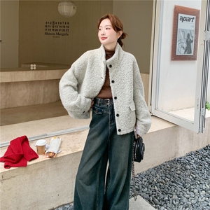韩版宽松显瘦百搭加厚保暖毛毛外套女短款立领羊羔毛外套图片