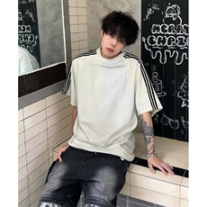 抖音得物品质二开240克宽松纯棉美式潮牌印花三条杠中性风短袖T恤，男装T恤，电商A486