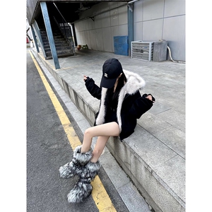现货重磅硬挺boxy羽绒棉衣座山雕猫耳大毛毛领麂皮棉服冬外套图片