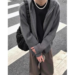 针织开衫外套男潮牌高级感深灰色连帽毛衣复古日系慵懒风 ML108图片