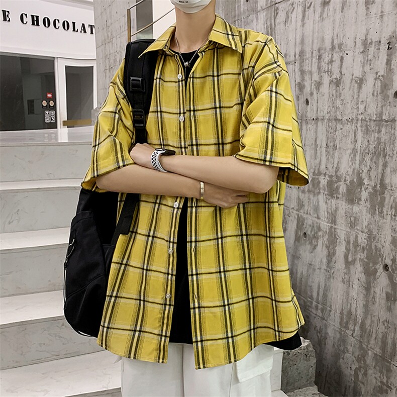 21年夏季短袖衬衫男宽松落肩港风格子衬衫男DS-C407-CS307-P35,男装衬衫,电商C323-1