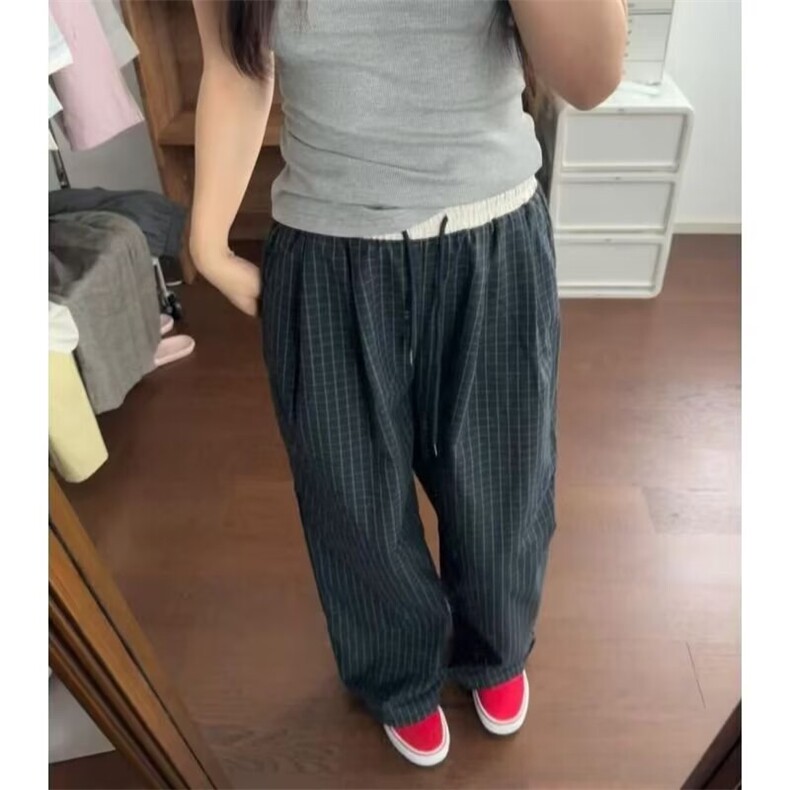 美式慵懒松弛感格子裤男女春秋薄款休闲遛弯裤宽松垂感直筒阔腿裤,男装休闲裤,四季星座505