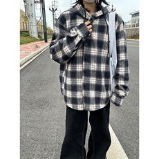 300克重毛呢连帽格子衬衫磨毛中性加厚连帽衬衫外套CS069-P48，男装衬衫，星座301C-5