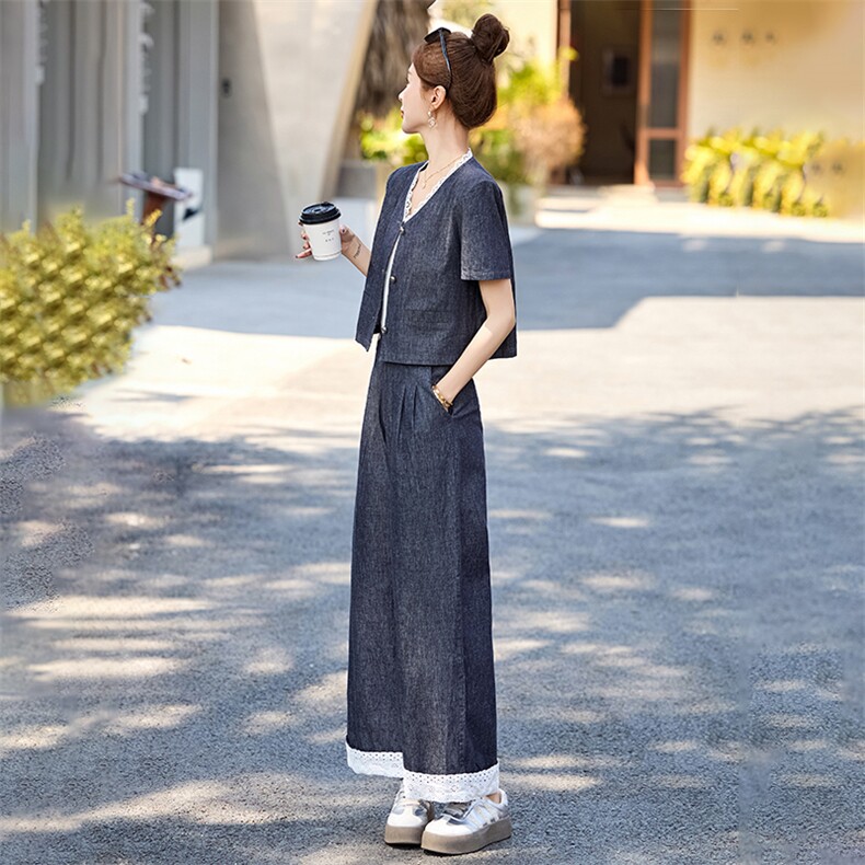 牛仔套装女2025夏季新款韩系小香风气质蕾丝九分阔腿裤穿搭一整套,女装套装/套裙,布芭啦