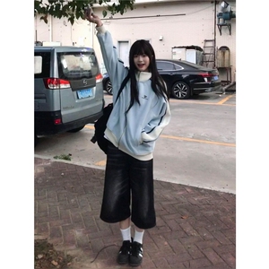 学院风潮酷撞色立领外套男女秋冬季加绒情侣宽松插肩袖开衫卫衣图片