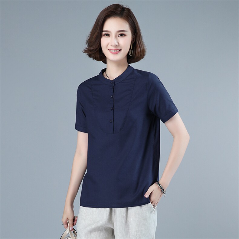 2021年夏季新款立领棉麻衬衫女纯色短袖立领文艺小衫短袖韩版上衣,女装衬衫,伊满意