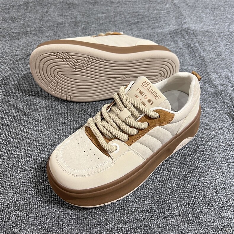 真皮厚底面包鞋女2024秋新款时尚百搭简约舒适增高圆头系带，女鞋单鞋，黄金折扣鞋