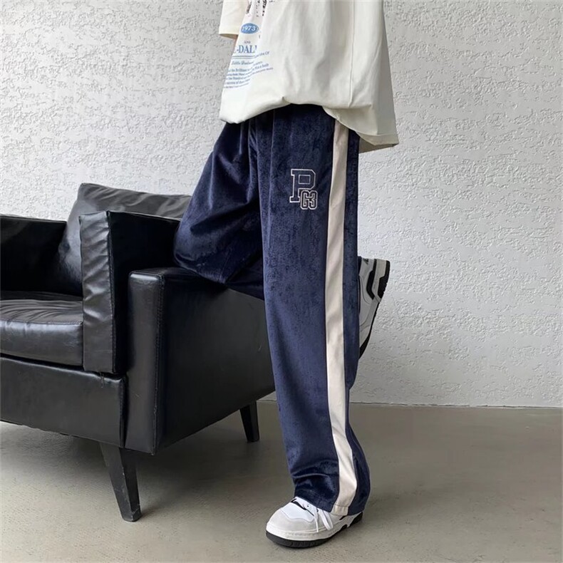 新款高街垂坠感字母休闲裤情侣直筒宽松ins丽丝绒阔腿裤男K258P35图片