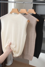 精纺超细丝光羊毛天丝无袖针织背心夏季半高领短款T恤吊带内搭女，女装背心吊带，唯若美羊绒