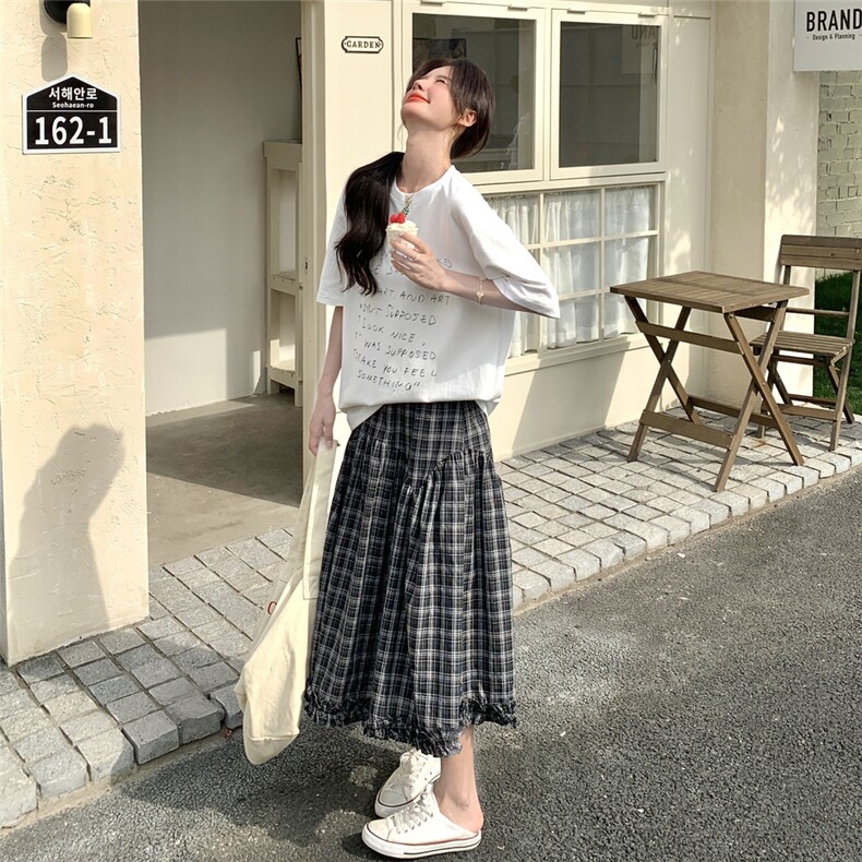 韩系搭配一整套女夏季2025新款字母印花短袖T恤格子半身裙两件套,女装套装/套裙,2C166