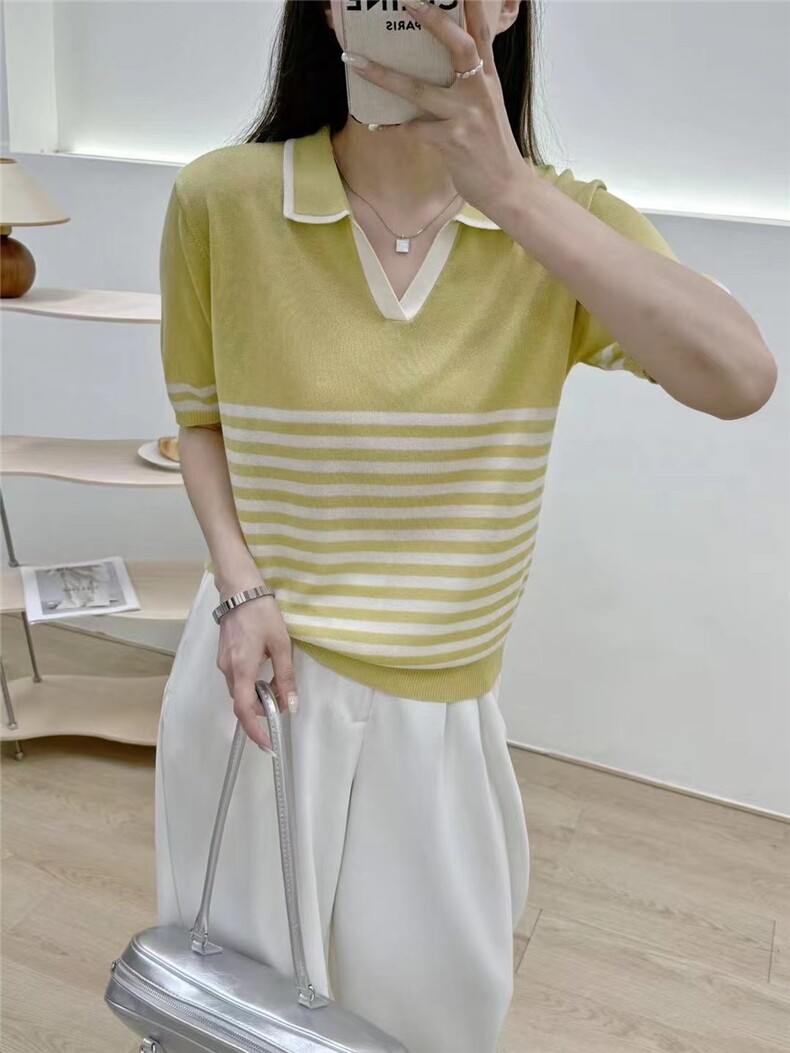 2025百搭时尚简约天丝莱赛尔条纹剪刀领，女装针织衫/毛衣，晨旭羊绒