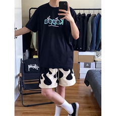 黑白撞色火焰短裤男女夏季阔腿五分裤美式hiphop裤子GK16WW-特P30，男装牛仔裤，星座1007（原301D）