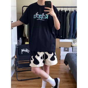 黑白撞色火焰短裤男女夏季阔腿五分裤美式hiphop裤子GK16WW-特P30图片