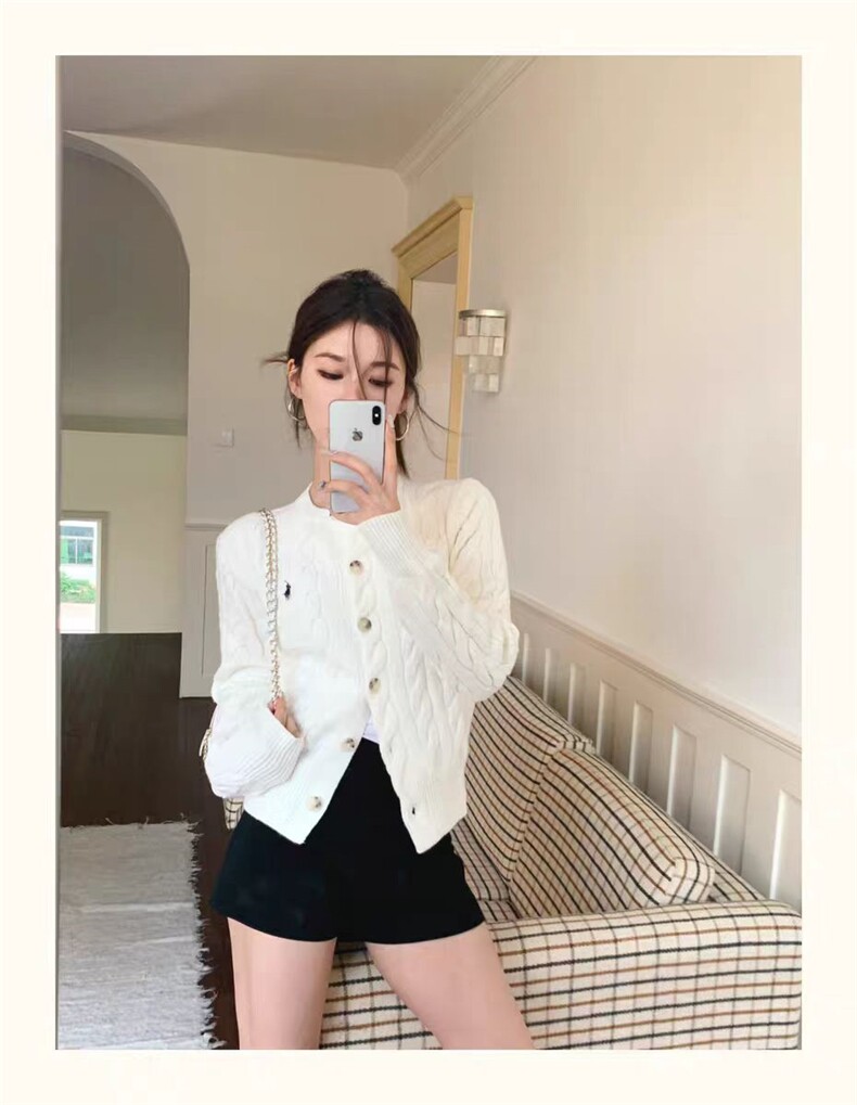 2025年秋季新款百搭7针圆领加厚麻花开衫，女装针织衫/毛衣，米咔羊绒