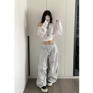 BabyStudios 美式辣妹流苏亮片屁帘宽松运动裤女阔腿休闲伞兵裤夏图片
