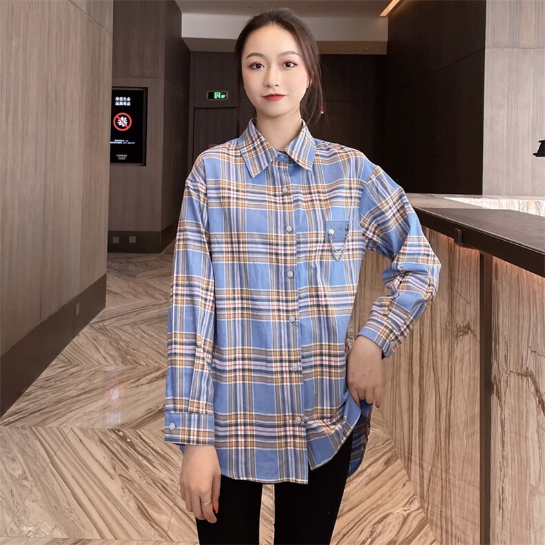 2021春装新款时尚百搭韩版格子衬衣,女装衬衫,深水步