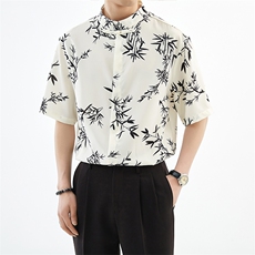 抖音夏季新中式风立领竹叶短袖衬衫男冰丝衬衣A236-0830-P50，男装衬衫，电商A236