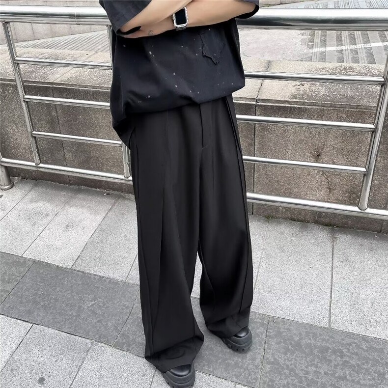 垂坠感抽褶小众拼接阔腿裤男士拖地堆叠西裤英伦斜包边K2836,男装西裤,星座1116A-1（原606A）