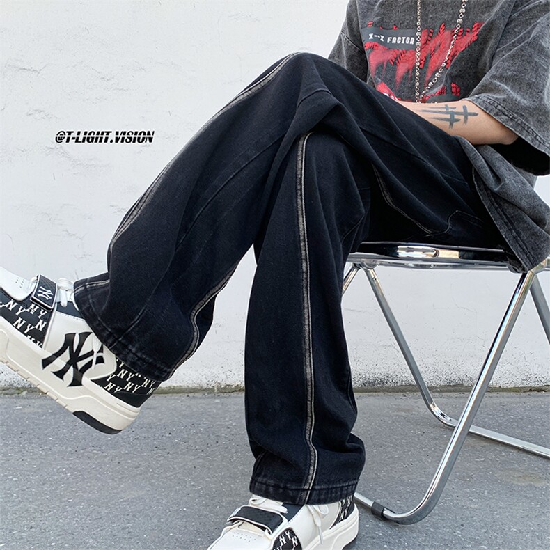 B221美式ins高街暗黑小众毛边破洞直筒牛仔裤LK23104-P65控88，男装牛仔裤，电商B221