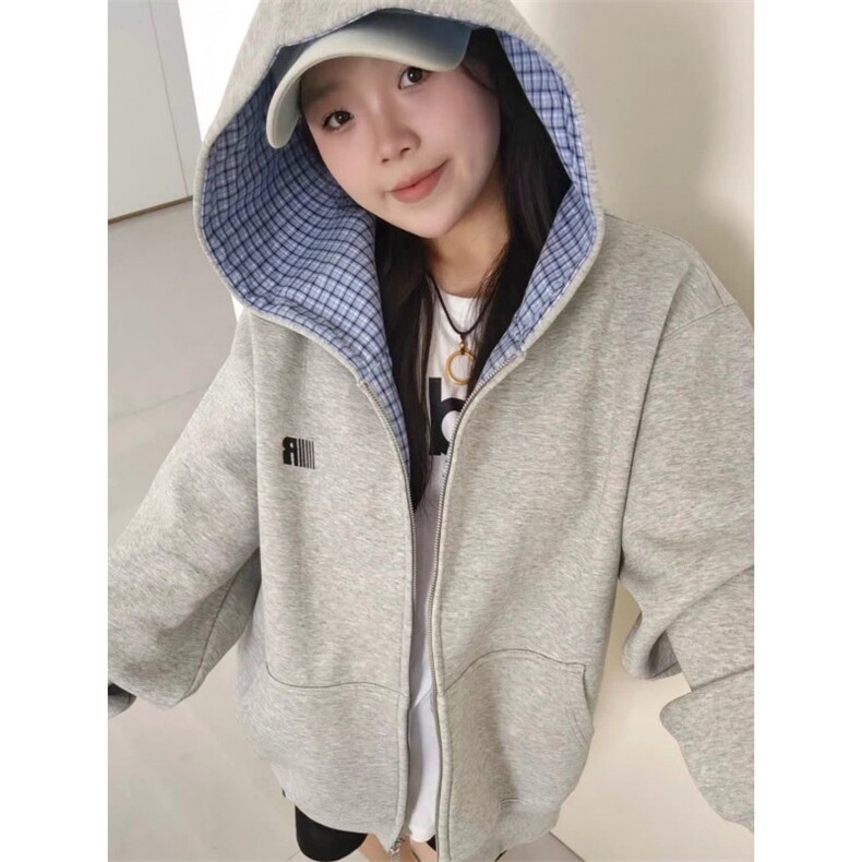 潮复古格子拼接开衫连帽卫衣2025秋冬新款宽松百搭韩版外套，女装短外套，星座601-1