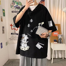 夏季连帽短袖t恤男士潮流大码带帽五分袖体恤港风chic百搭上衣服，男装T恤，星座506A