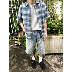 美式复古慵懒格子情侣衬衫男女夏季短袖宽松休闲外套CDA01-P34，男装T恤，星座208-5