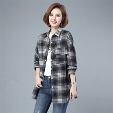 2021春秋季新款女装大码宽松加厚格子长袖衬衫中长款休闲衬衣上衣，女装衬衫，伊满意