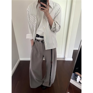 韩范宽松条纹衬衫女长袖春2026新款复古港风衬衣休闲百搭叠穿上衣图片
