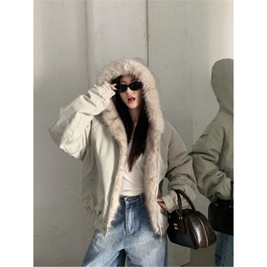 现货高品质美式高街冬季重磅硬挺短款座山雕毛领棉衣男女加厚外套图片
