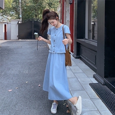 丹宁风法式休闲风时尚套装气质复古温婉风复古工装风短袖显瘦气质，女装套装/套裙，2C212