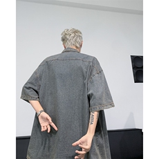 中古风刺绣字母牛仔衬衣美式休闲男女宽松短袖衬衫，男装衬衫，星座410-6（原星座1304-1）