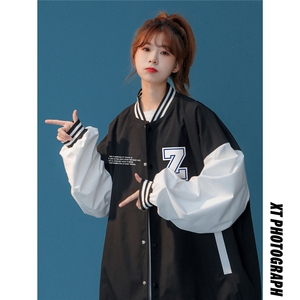 中性风 拼接撞色字母印花棒球服宽松百搭夹克外套G79P65控88--图片