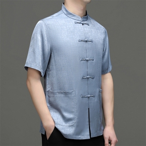 爸爸夏装短袖衬衫中老年唐装男风70岁爷爷夏季新款老年人衣服图片