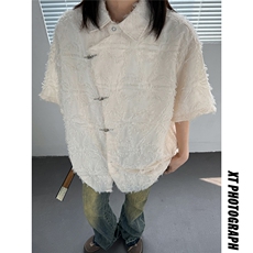 主推新中式风毛边设计感小众五分袖衬衫女情侣上衣D248P48，男装T恤，电商A335-1（原A458）
