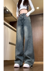 现货直筒渐变休闲裤女宽松复古蓝毛边牛仔裤男K5825-P55控78，男装休闲裤，星座205