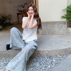 时尚设计感碎花阔腿裤套装女夏季2025新款薄款衬衣直筒裤两件套，女装套装/套裙，2C129