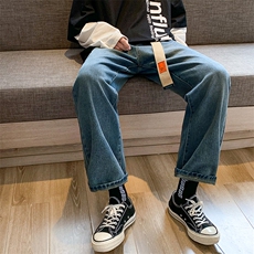送腰带牛仔裤男春秋潮流2025新款宽松直筒九分裤子青少年休闲长裤，男装牛仔裤，电商A080