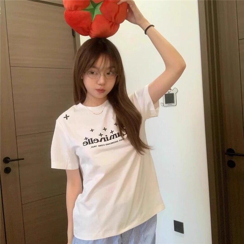 美式黑色正肩短袖t恤女夏季星星印花辣妹tee修身显瘦vintage上衣,男装T恤,星座506A
