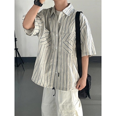 春夏季新款复古条纹短袖衬衫潮男女下摆抽绳半袖衬衣外套CK367，男装衬衫，星座1116A（原606A-3）