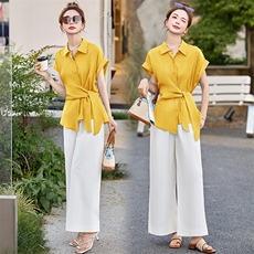 欧货欧洲站高级精品2025夏新款时尚翻领系带衬衫上衣女装衬衣，女装套装/套裙，魅丽静蓝