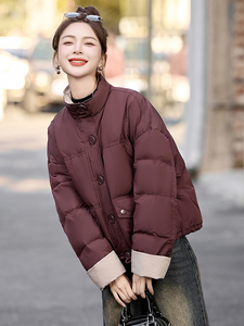 时尚拼色立领短款羽绒服女2025冬季小个子超好看面包服白鸭绒外套图片