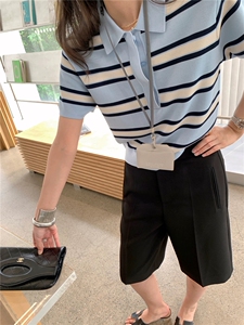 小清新甜美撞色条纹短袖针织衫外穿通勤气质显瘦polo衫正肩打底衫图片
