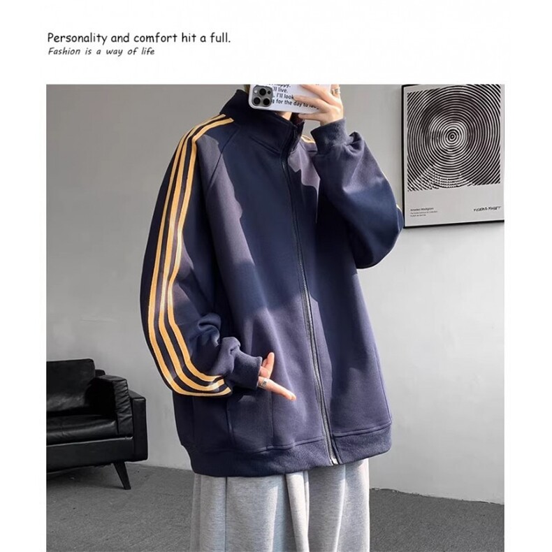 藏青色条纹开衫卫衣情侣ootd穿搭美式潮牌复古休闲立领拉链夹克秋,男装夹克,星座1013-1
